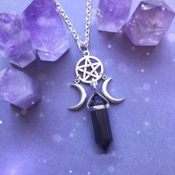 Triple Moon Goddess Silver and Obsidian Point Pentacle Necklace - Witchy NEW - Picture 1 of 2